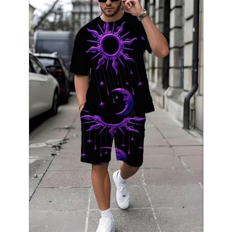 Urban Street Fashion Trend Men's Round Neck Short Sleeved Shorts Set, Outdoor Simple Casual and Comfortable