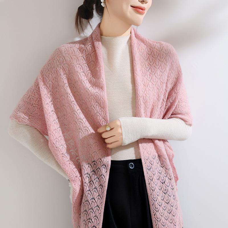 Women's 100% Pure Cashmere Hollow Knitted Shawl - Retro, Stylish & Versatile Solid Color Scarf