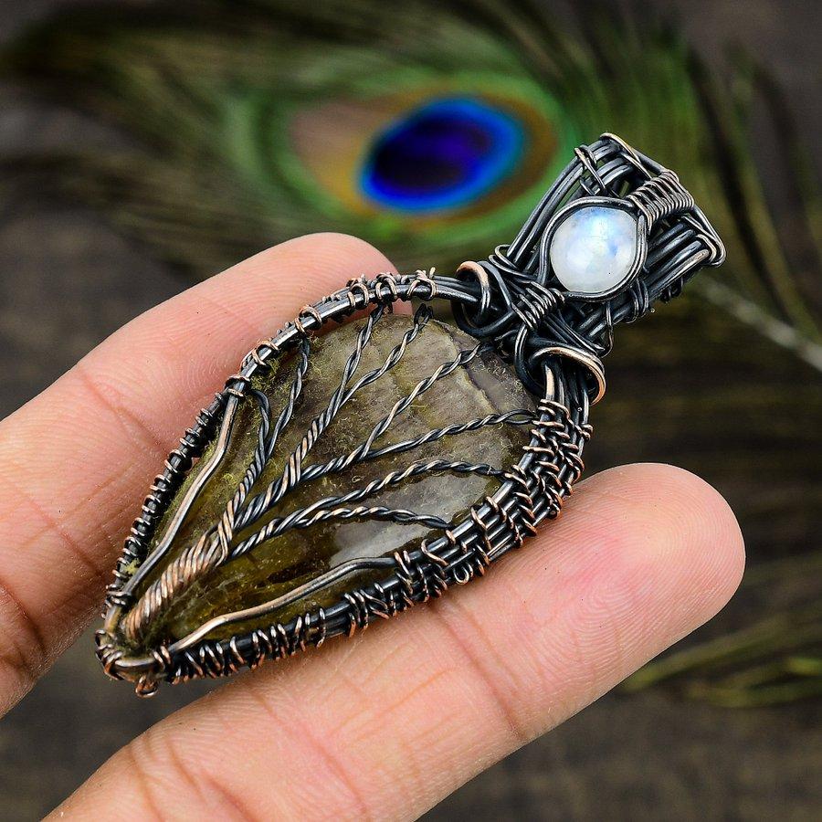 Fluorite, Moonstone Gemstone Copper Wire Wrap Jewelry Pendant 2.84"