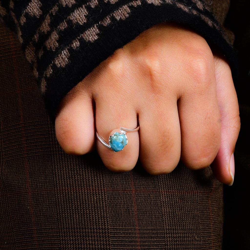 Handmade Turquoise Ring, Open Band Silver Ring, Heart Shape Gemstone Ring for Women