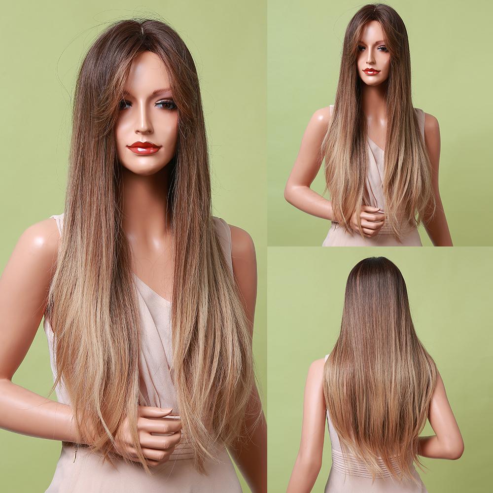 HENRY MARGU Ombre Dark Black Brown Synthetic Wigs with Bangs Layered Hair Wig for Black Women Party Cospaly Heat Resistant