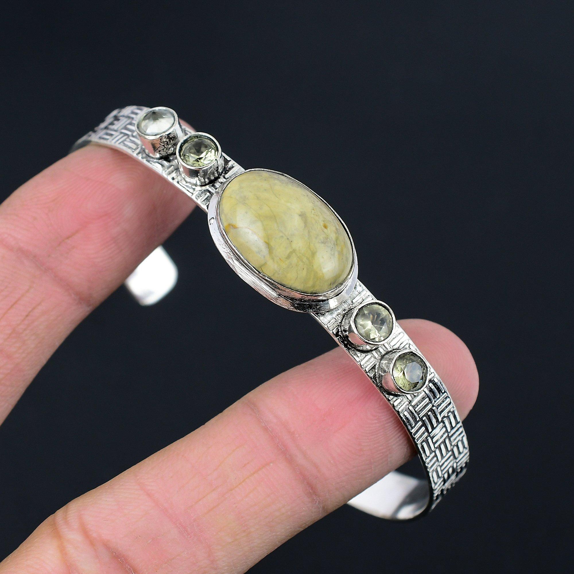 

Oval Polychrome Jasper Stone Green Amethyst Sterling Silver Sister Boho Bangle Adjustable