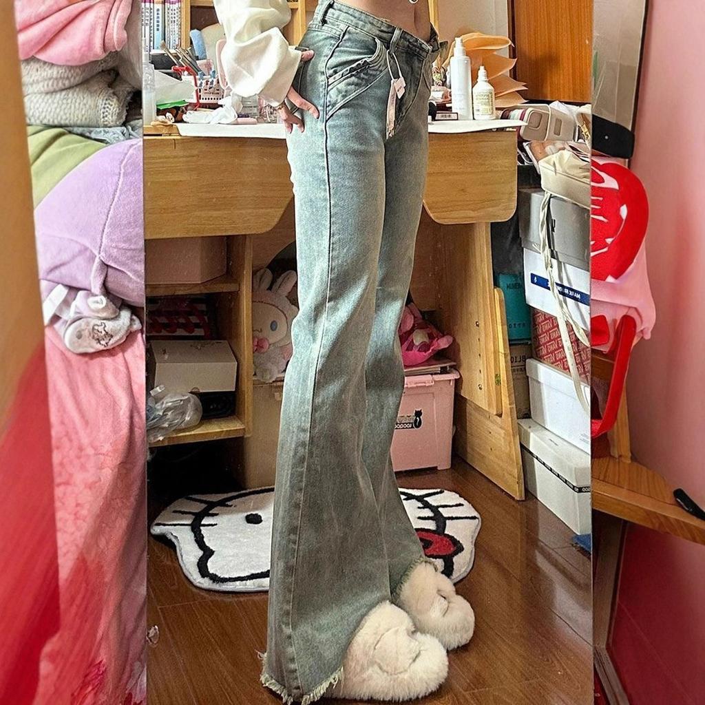 Comfortable Micro Flare Jeans Women Retro Burlap Trailing Trousers Petite High Waisted Skinny Horseshoe Trousers Jeans for Women Long Denim Pants