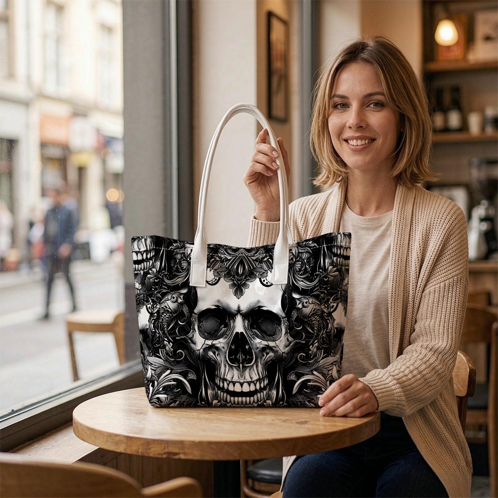 Gothic Skull Pattern Tote Bag Fashion Daily Handbag Lightweight Portable Shoulder Bag for Casual Use