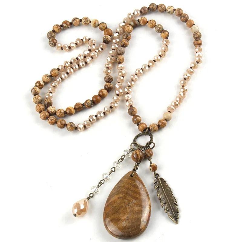 Bohemian Natural Gem Necklace Snowflake Stone Water Drop Metal Leaf Pendant Sweater Chain