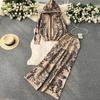 Winter Herbst Marke Designer Strick Druck Sets Frauen Mit Kapuze Mantel Jacke Strickwaren + Breite Bein Lange Hosen Mode Retro Pullover zwei Stück Trainingsanzug