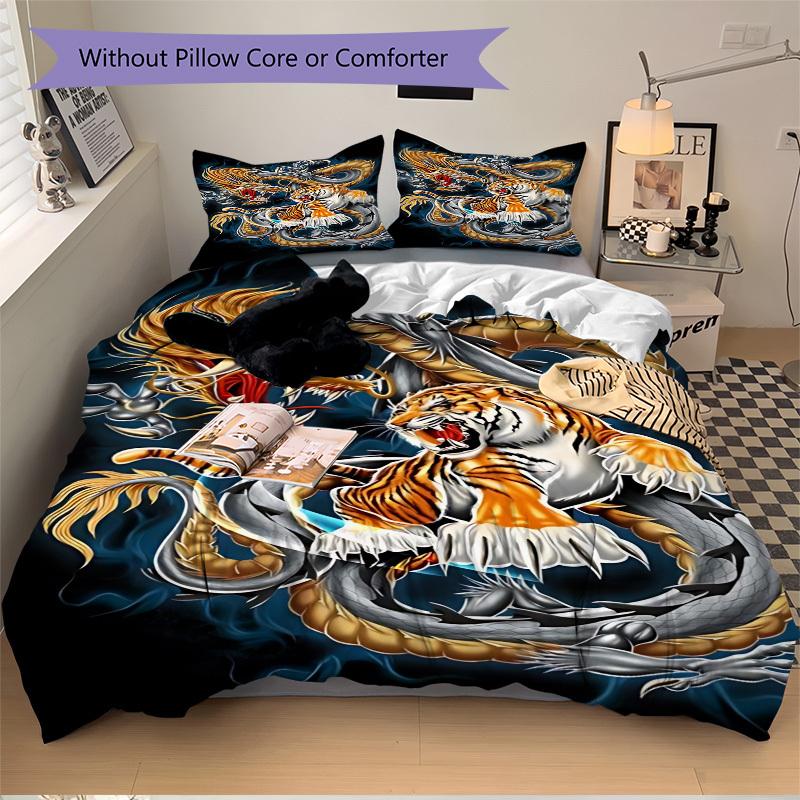 3pcs Dragon Tiger Design Duvet Cover Set -Includes 1 Duvet Cover and 2 Pillowcases, No Quilt Core, All-Season Home Decor  yy251111194
