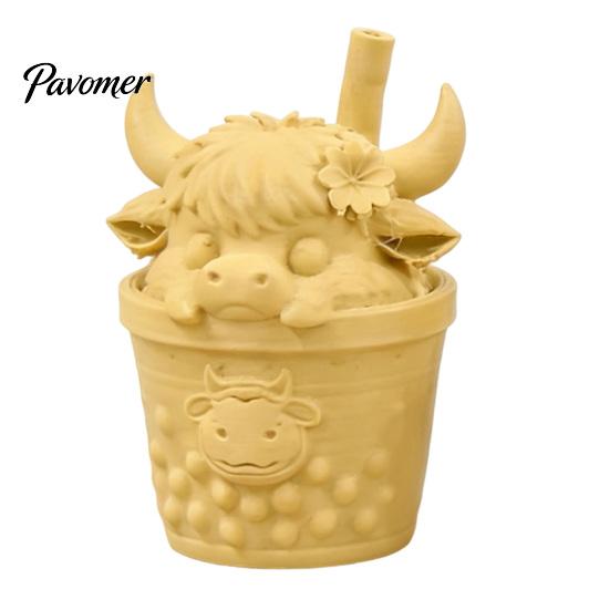 Desktop Landscaping Ornament 2Pcs Cute Highland Cow Figurine, 3D Printed Bubble Tea Statues, Handheld Drink Calf Summer Farmhouse Style Ornaments,