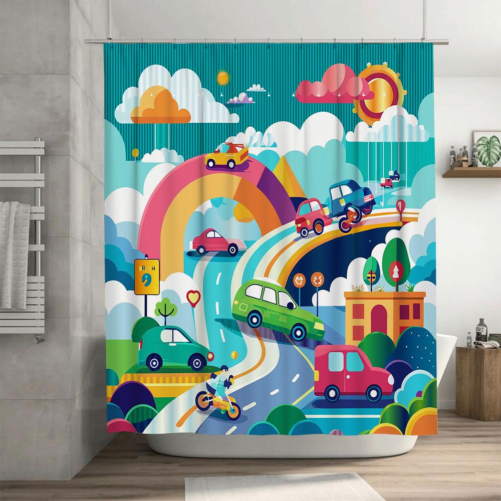 Colorful Cartoon Car Shower Curtain Kids Bathroom Decor Wall Hanging Umbrella Waterproof Polyester Fabric Print Backdrop for Bat