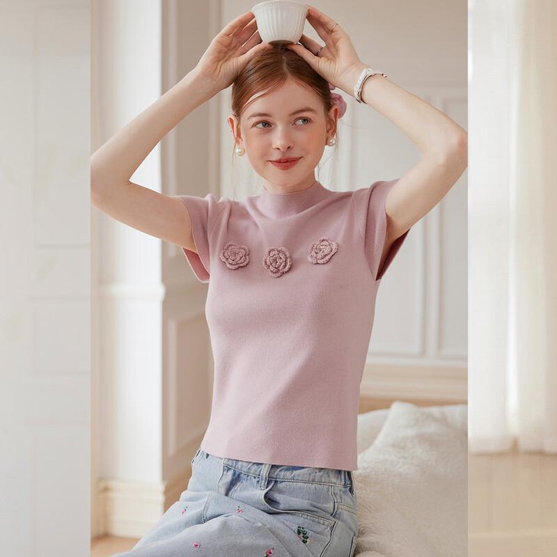 Women s French Sweet 3D Floral Slim Knit Top S