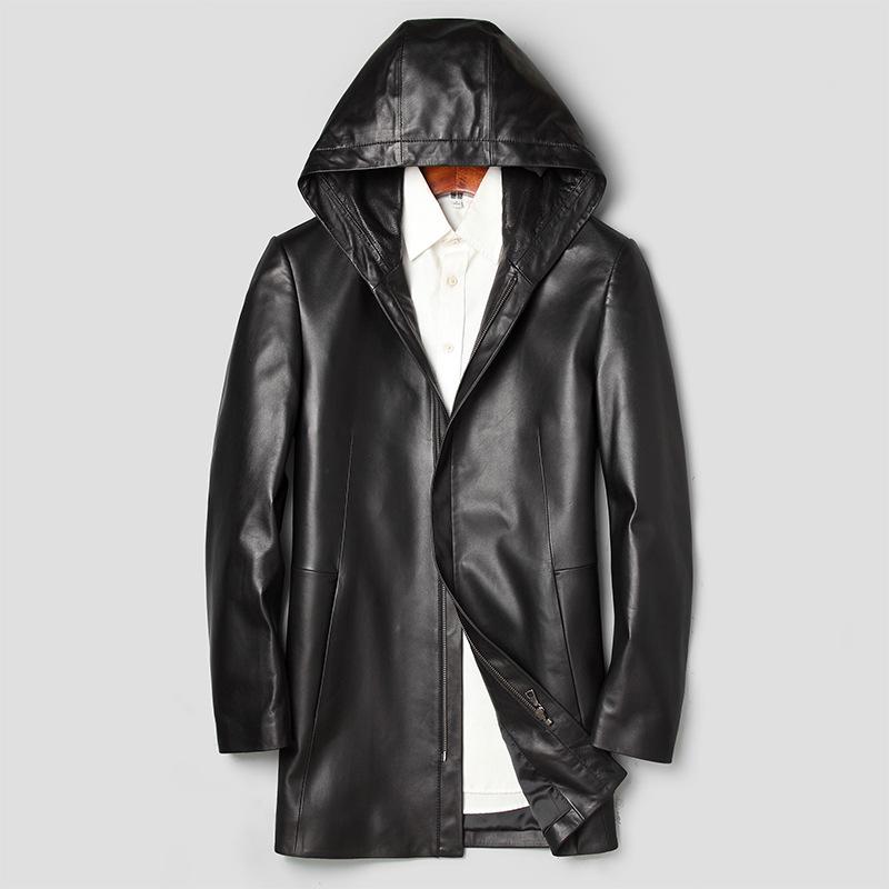 Men's Genuine Lambskin Hooded Leather Jacket, Slim Fit, Mid-Length Outerwear