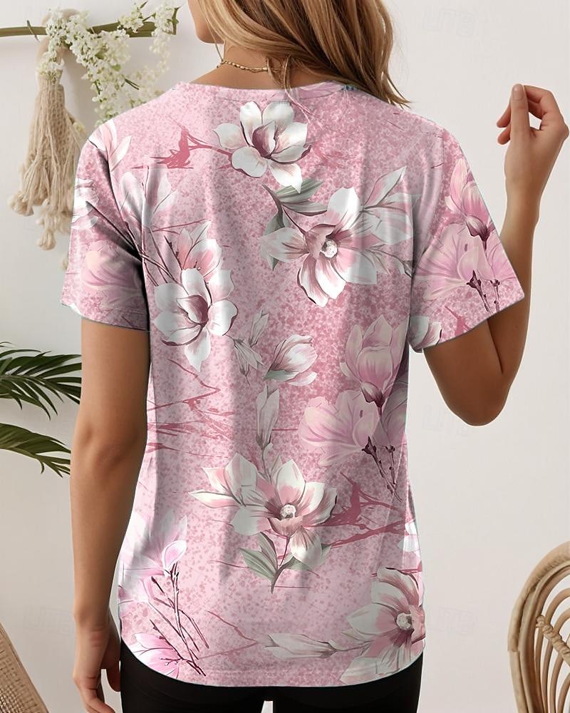 Floral Print Casual T Shirt Crew Neck Short Sleeve Tee For Women Summer Holiday Travel And Daily Outfits