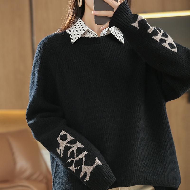 

Женский кашемировый свитер на флисовой подкладке - Круглый вырез, Приталенный, Толстый зимний пуловер (2025 Новая Осень/Зима) One Size