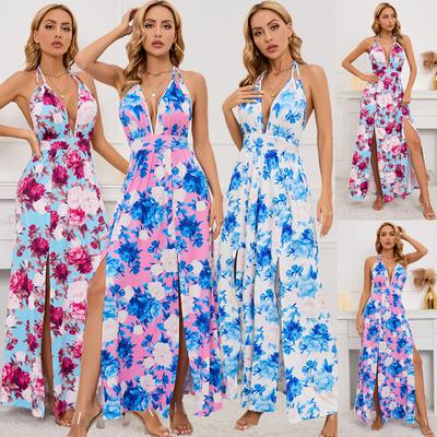 Sexy Deep V-neck Strap Dress Summer Hem Slit Printed Long Skirt Women's Plus Size