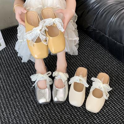 Fashion Baotou Flat Shoes Women Fashion Square Head Shallow Mouth Lace Lace-up Butterfly Knot Soft Sole Non-slip Slippers