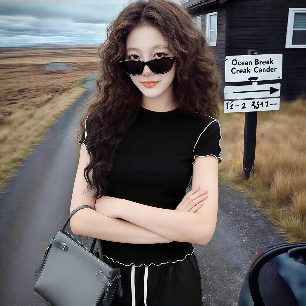 Black short-sleeved T-shirt women's summer new popular unique super good-looking slim and thin contrasting color temperament top