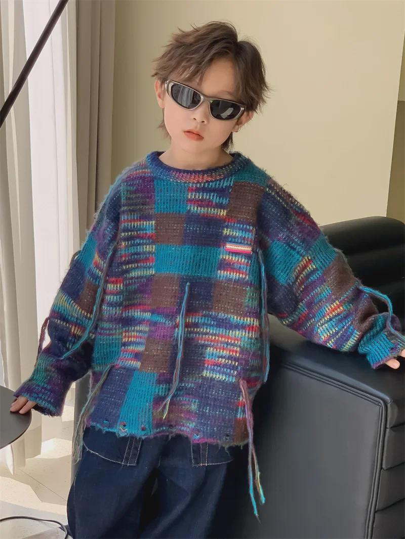 

2024 Осень Синий Клетчатый Длинный Рукав Круглый Вырез Вязаный Свитер Для Мальчиков 130cm синий