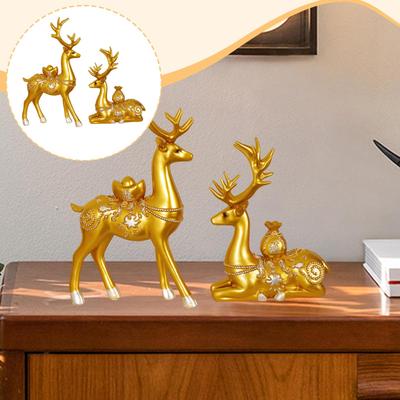 2 Pieces Deer Figurines Desktop Decoration Home Decor Artwork Delicate Animal Sculpture Golden Resin
