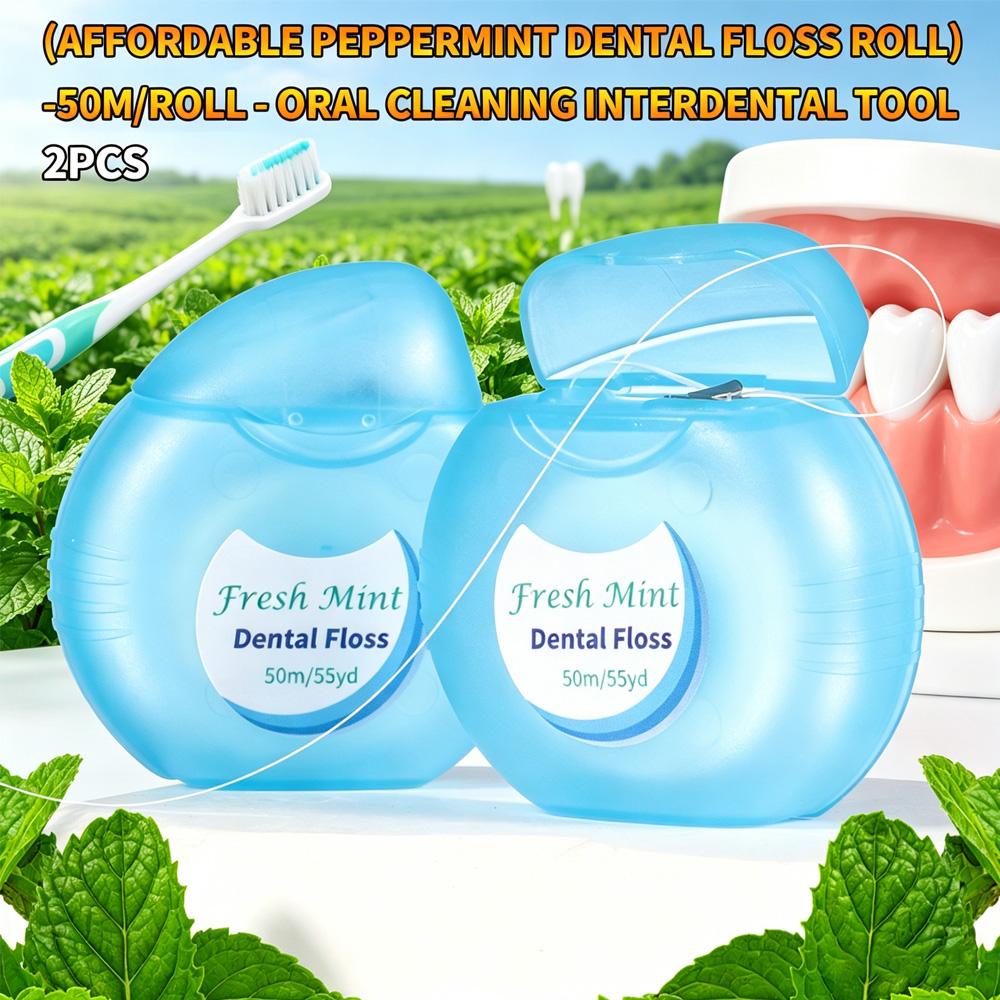 (Affordable Peppermint Dental Floss Roll) 2PCS - Smooth and High Tensile Force -50m/roll - Oral Cleaning Interdental Tool
