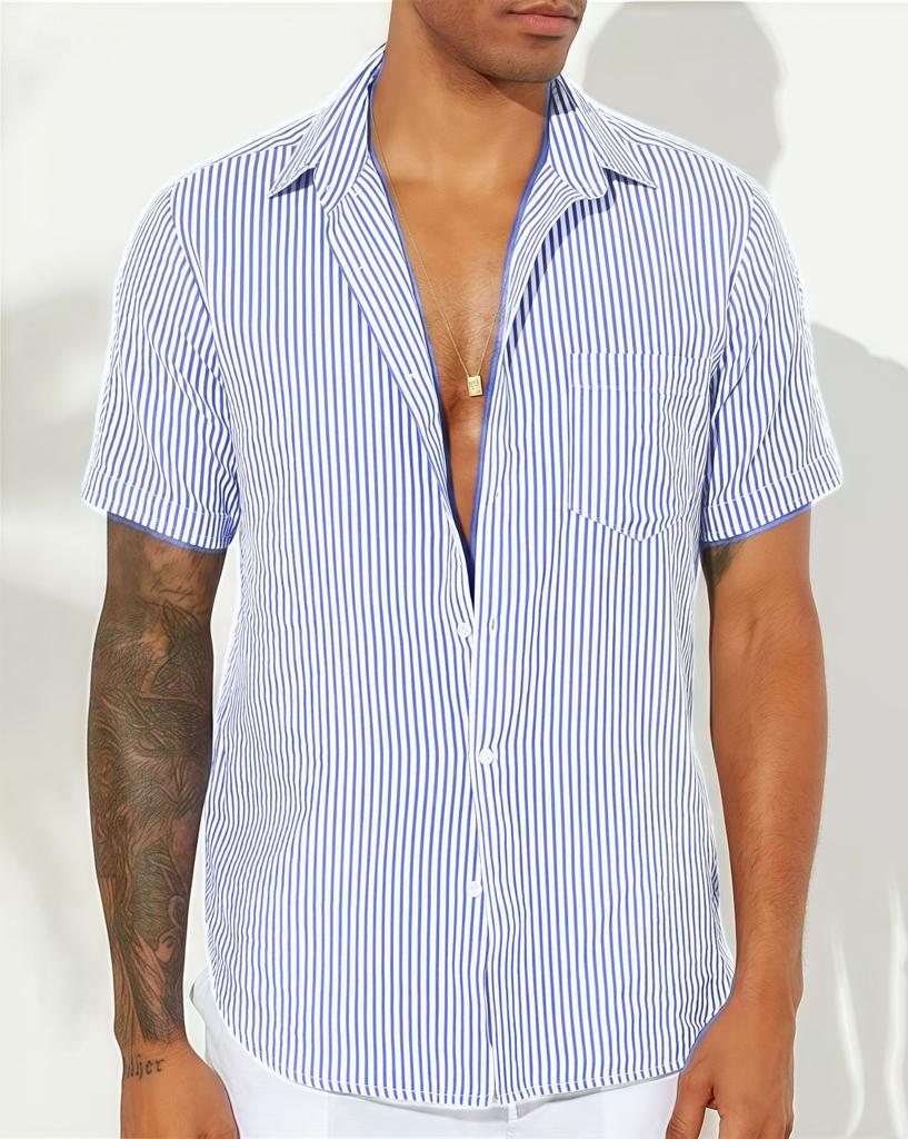 Nový styl Módní Pánská Barevná Tkaná Pruhovaná Ležérní Klopová Kapsa Krátký Rukáv Všestranná Košile
