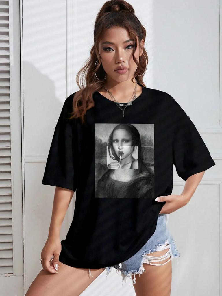 Women Cotton T-Shirts Funny Mona Lisa Printed Short sleeve Tee Comfortable Personality Loose Tops Summer Fashion Lady Clothes