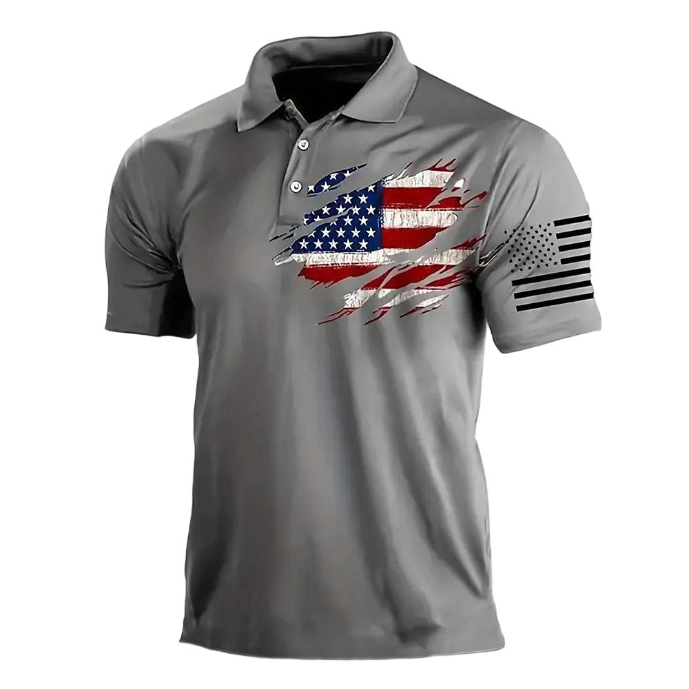 Men’s Casual Polo Shirt Short Sleeve with Flag Print Turn Down Collar Classic Fit for Everyday Wear Outdoor Activities