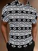 Men's Short-Sleeve Polo Shirt - Minimalist Lapel Collar Button-Front Placket, Full-Body Black & White Geometric Ethnic Print, Breathable Summer Beach