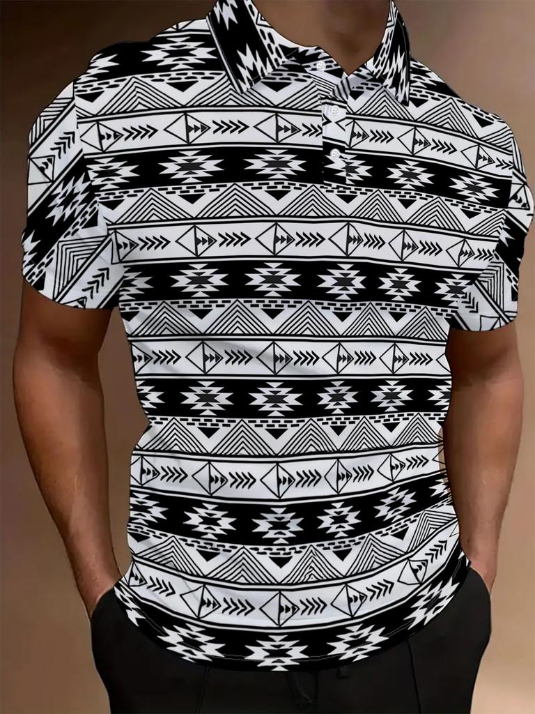 Men's Short-Sleeve Polo Shirt - Minimalist Lapel Collar Button-Front Placket, Full-Body Black & White Geometric Ethnic Print, Breathable Summer Beach