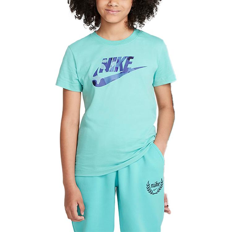 

Nike Спортивная одежда Дышащая Мягкая Футболка с коротким рукавом и надписью, с круглым вырезом, Детские топы, Зеленый Морозно-голубой FZ5172-300 M