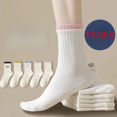 5 Paires Chaussettes en Coton pour Femmes Tube Moyen Sans Couture Respirantes Couleur Unie Chaussette Décontractée