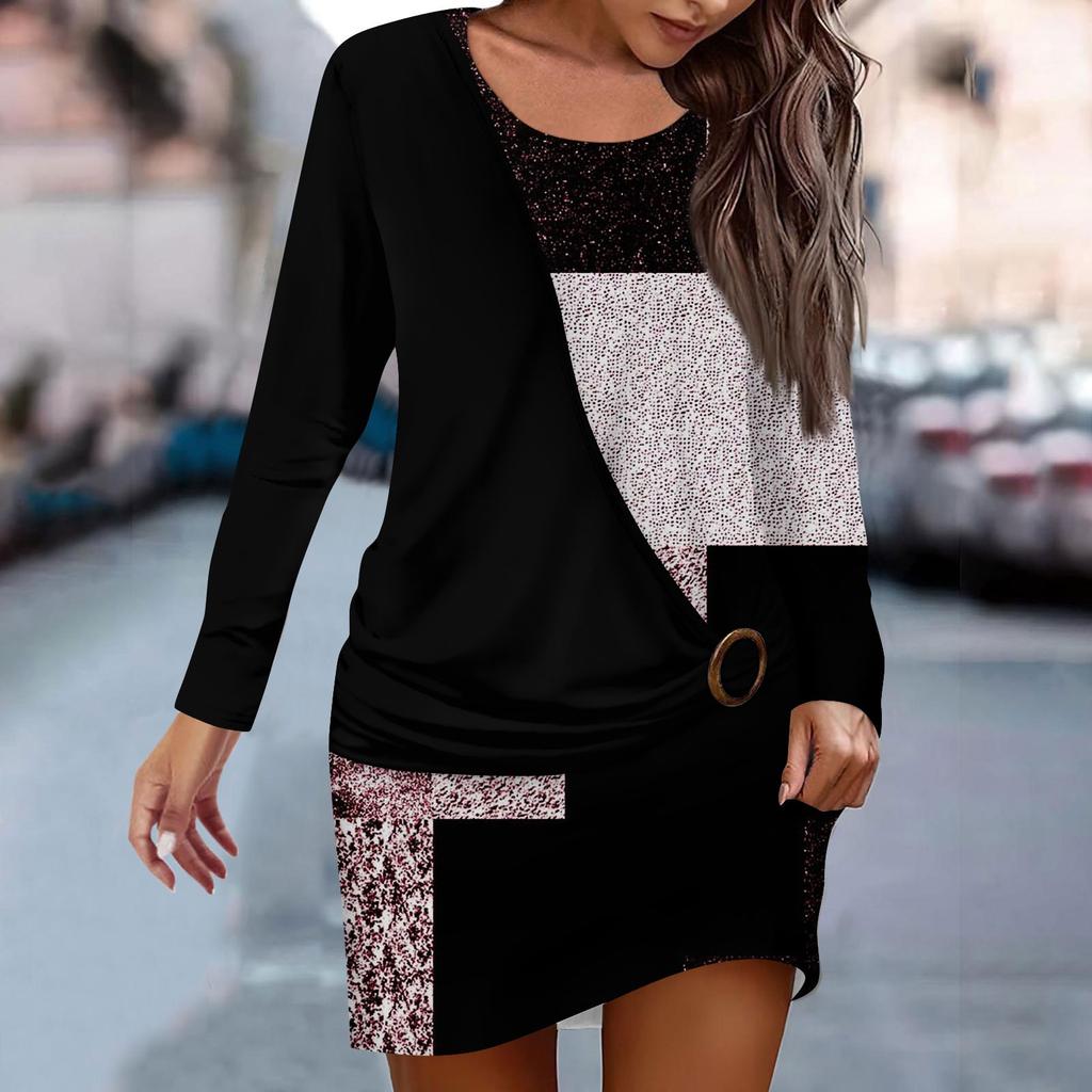 Women's Dress Sweatshirt Dress Print Fashion Loose CrewNeck Fake Two-Piece Stacked Patchwork Streetwear Outdoor Daily Long Sleeve Dress