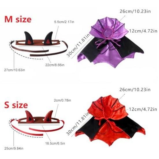Hund Katze Halloween Kostüm 2-teiliges Set Fledermaus Umhang Teufelshorn Stirnband Haustier Outfit (S ca. 1,54 kg Rot)