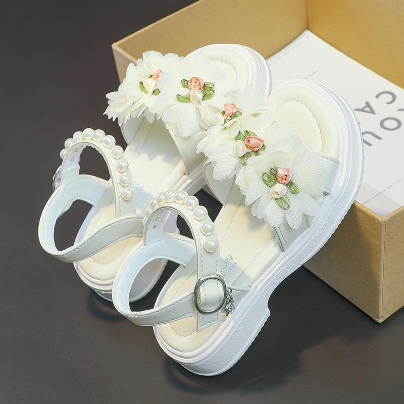 

Детская пляжная обувь Мягкая подошва Милые цветы Детские туфли принцессы Бисероплетение Элегантные 2025 Лето Новые Сандалии для девочек Нескользящие Модные 23 бежевый