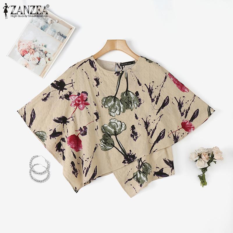 ZANZEA Women Casual Crew Neck Cape Shape Short Sleeve Print Blouse