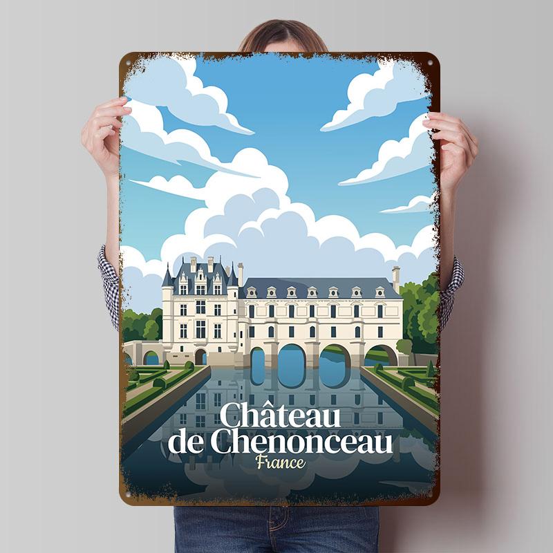 Château De Chenonceau France Affiche Personnalisée Panneaux Métalliques Vintage Art Mural Plaque en Étain Rétro pour Décoration Intérieure Salon