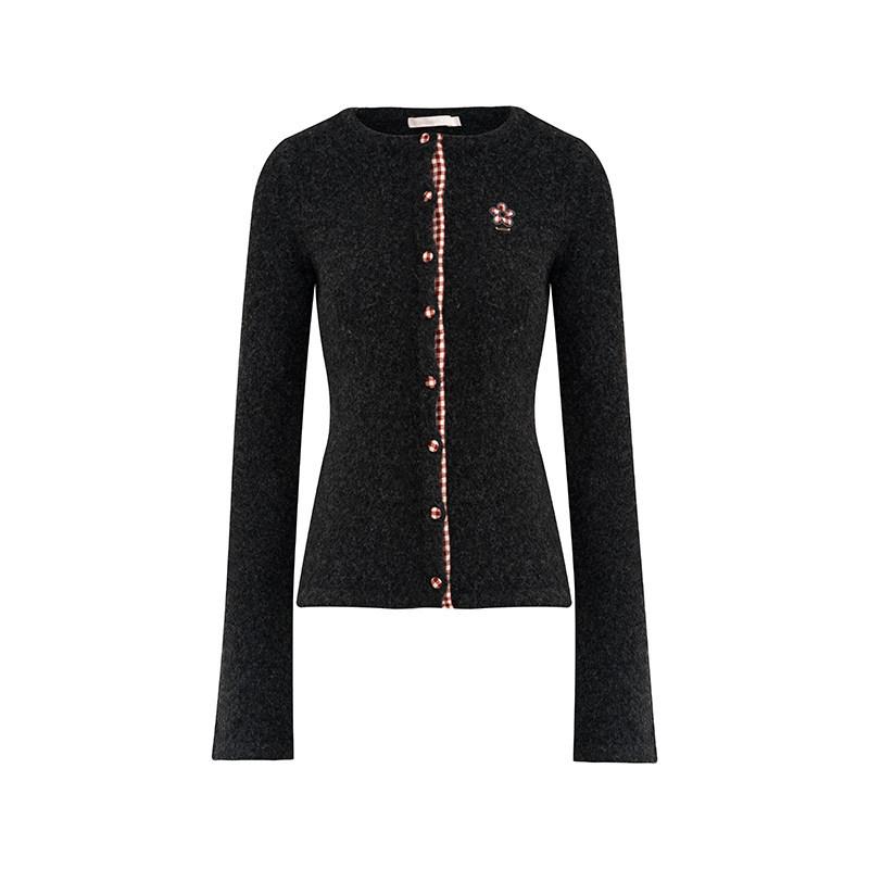 Patchwork Plaid Cashmere Slim Round Neck Knit Cardigan L серый