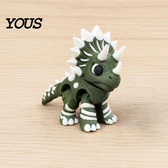 Fun Dinosaur Desk Accessory 3D Printed Three-Horned Figurine with Articulated Joints, Green White Toy Exquisite Collectible Textured Spikes,