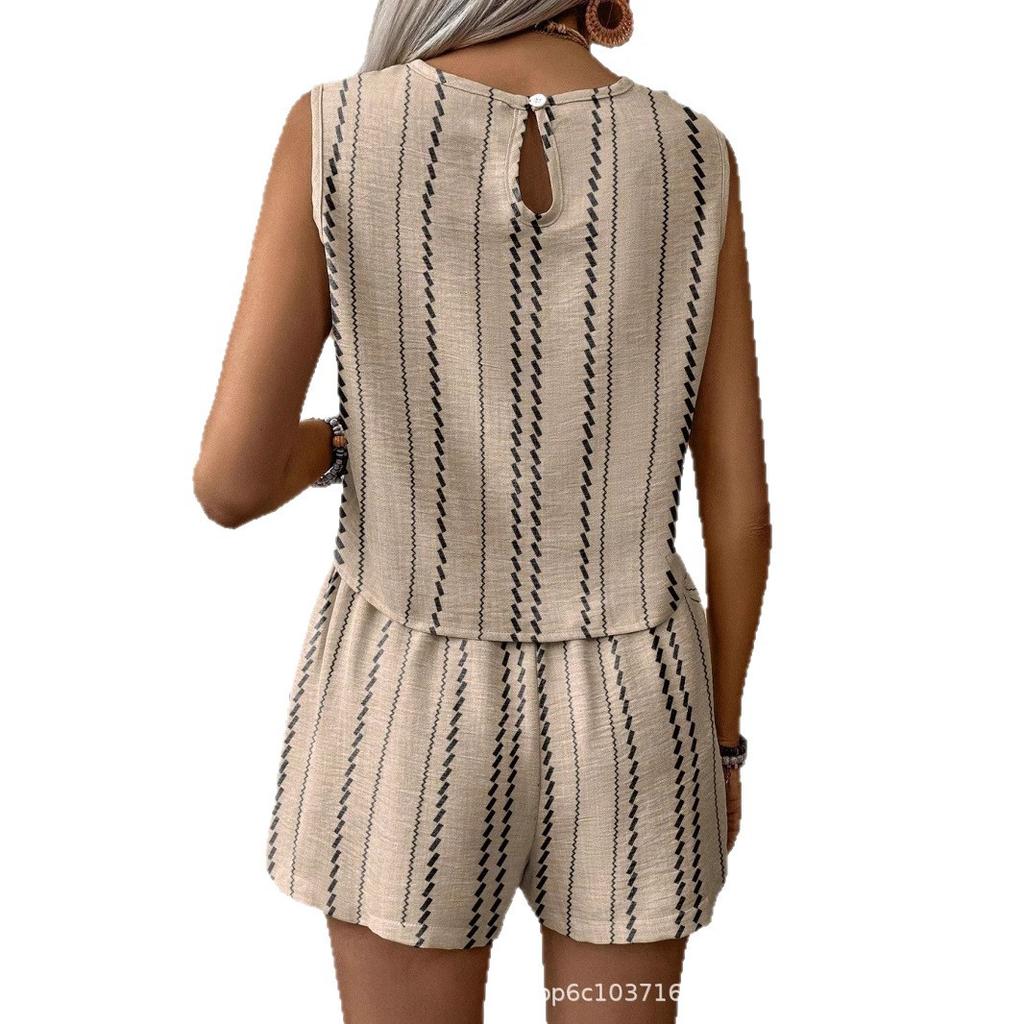 Women's Sleeveless Striped Tank Top and Shorts Set In Beige with Black Stripes | Casual Summer Two Piece Outfit
