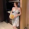 1011 New Sexy Nightdress Women's Summer Suspenders Ice Silk Pajamas Ins Printed Pure Desire Pajamas with Chest Pads