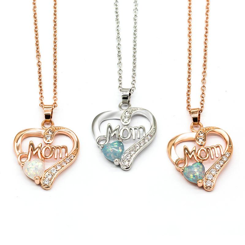 Mom Heart Opal & CZ Pendant Necklace, Mother's Day Gift Rose Gold/Silver Plated Cable Chain Necklace