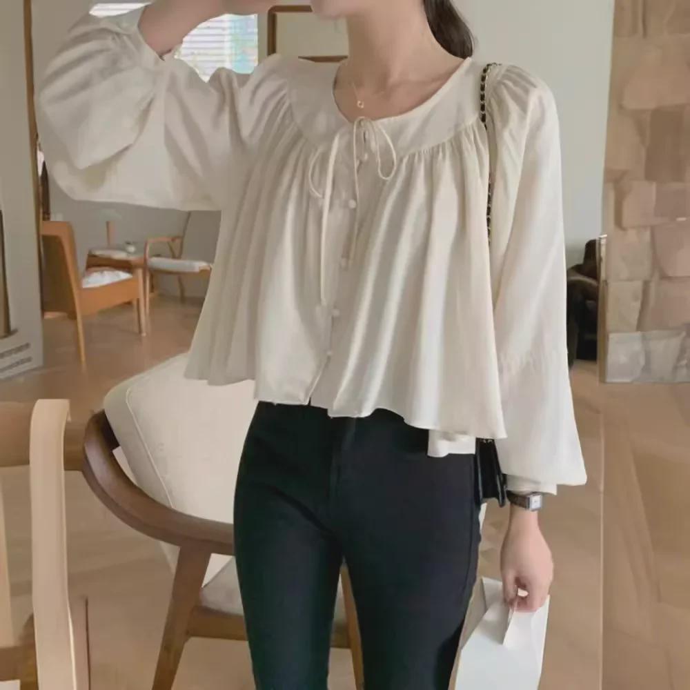 Korean Chic Lace Round Neck Lantern Sleeve Women's Shirt - Spring/Summer 2025