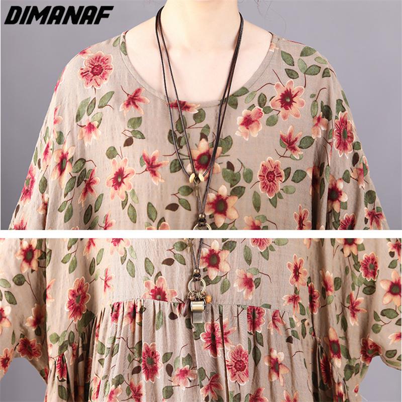 Dimanaf Plus Größe Frauen 2023 Neue Sommer Stil Kleid Lange Hülse O-ansatz Floral Lose Kleid Grün Leinen Grund Kleider