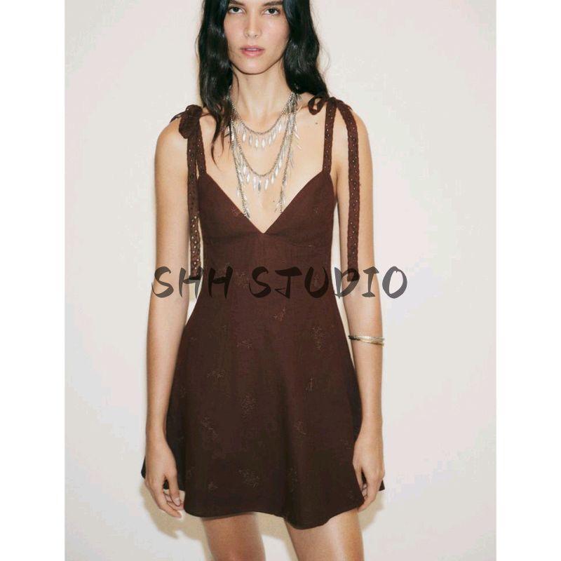 Summer New Product Women's Clothes Linen Blend Bowknot Decoration Embroider V-neck Strap Short Dress 0881395