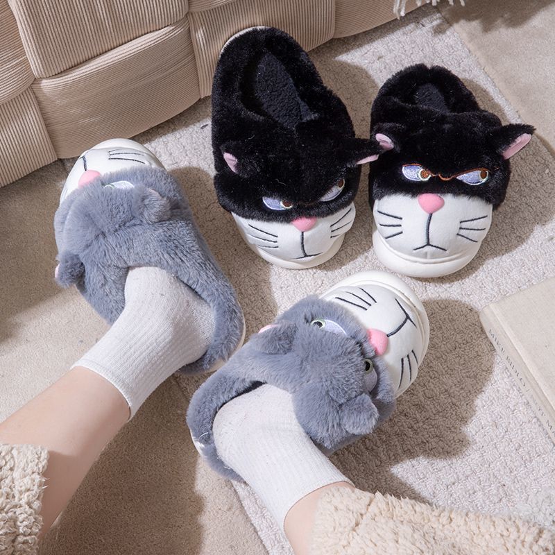 New Creative Angry Kitten Slippers Men's Winter Fluffy Fur Slides Shoes for Home Man Indoor Flip Flops Unisex Warm House Slipper