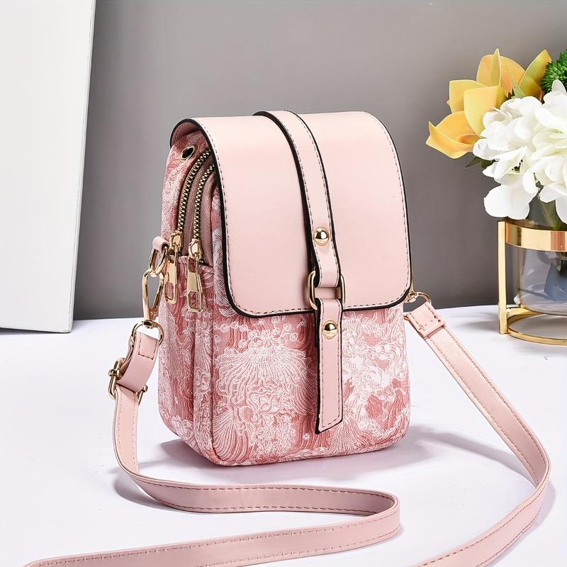 Casual Bloemen Leer Telefoon Tas Mini Crossbody Portemonnee met Kunstleer Accenten Praktisch Veelzijdig Dames Schoudertas roze