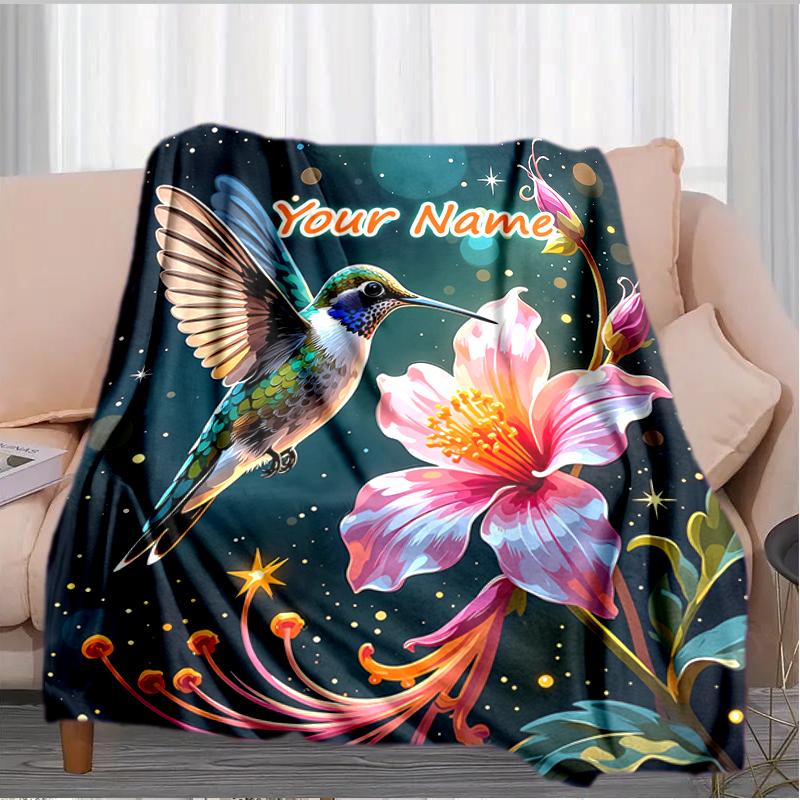 1PC Custom Name Hummingbird Flower Magic flannel blanket versatile,all-season throw suitable for the living room,bedroom,camping,travel,and gift