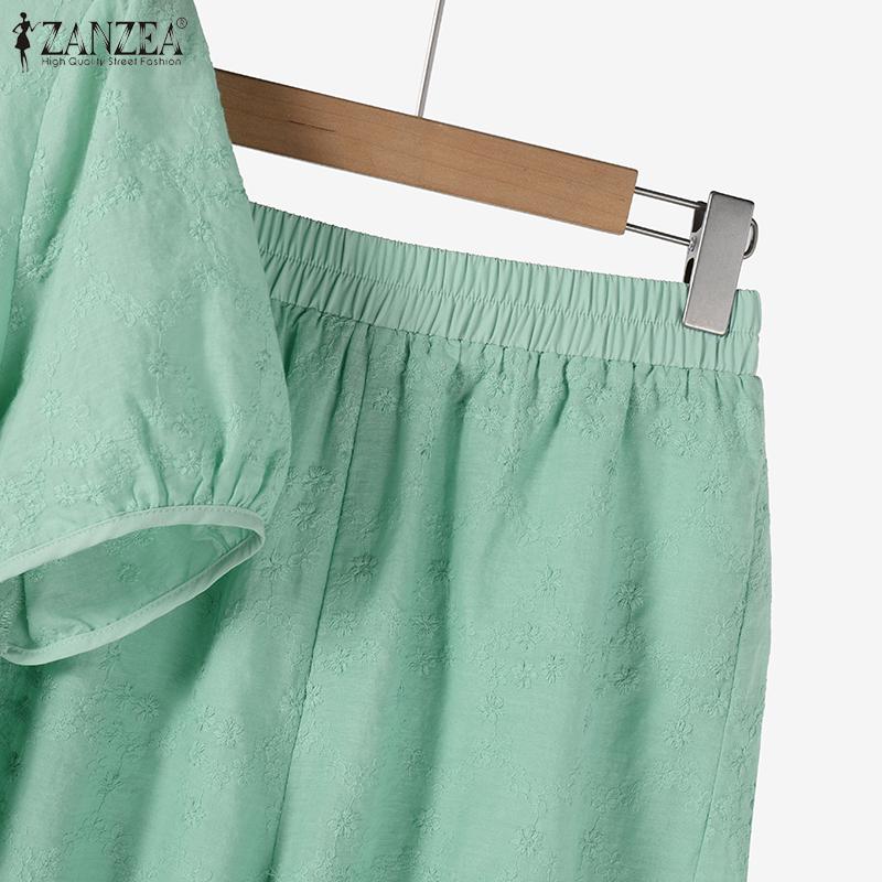 ZANZEA Women Short Sleeve Blouse and Shorts Summer Embroidery Jacquard Two Piece Sets