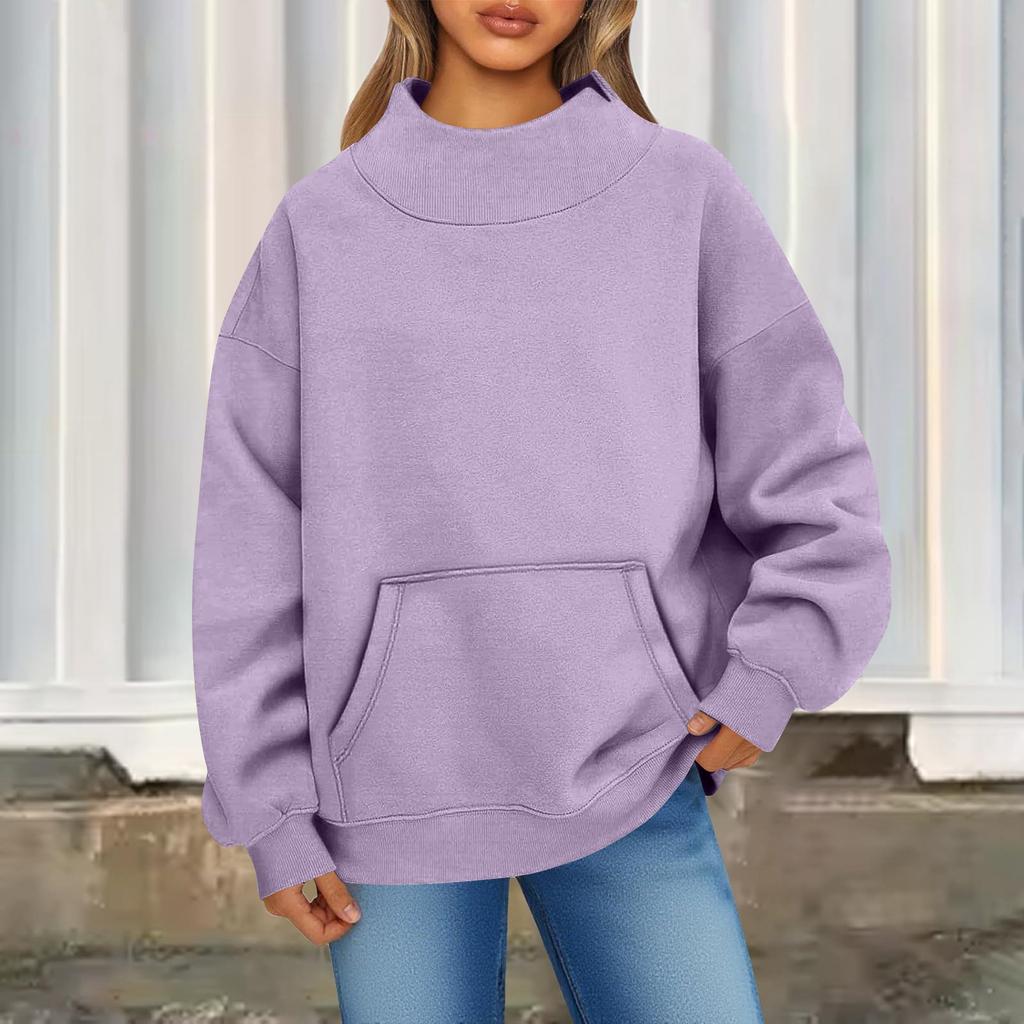 Damen Modisch Lässig Einfarbig Rundhals Langarm Tasche Sportlich Lässig Pullover Sweatshirt Top