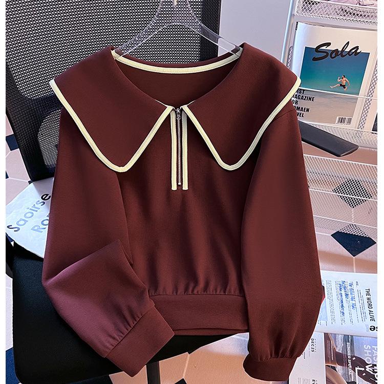 

Женский бордовый свитшот на половину молнии с кукольным воротником - Петит свободного кроя с длинными рукавами для весны и осени M бордовый