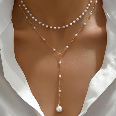 Elegante collana a strati a forma di Y con accenti di perle finte, pendente con nappa sexy, catena in ferro, senza placcatura - Versatile per l'uso quotidiano e per le feste